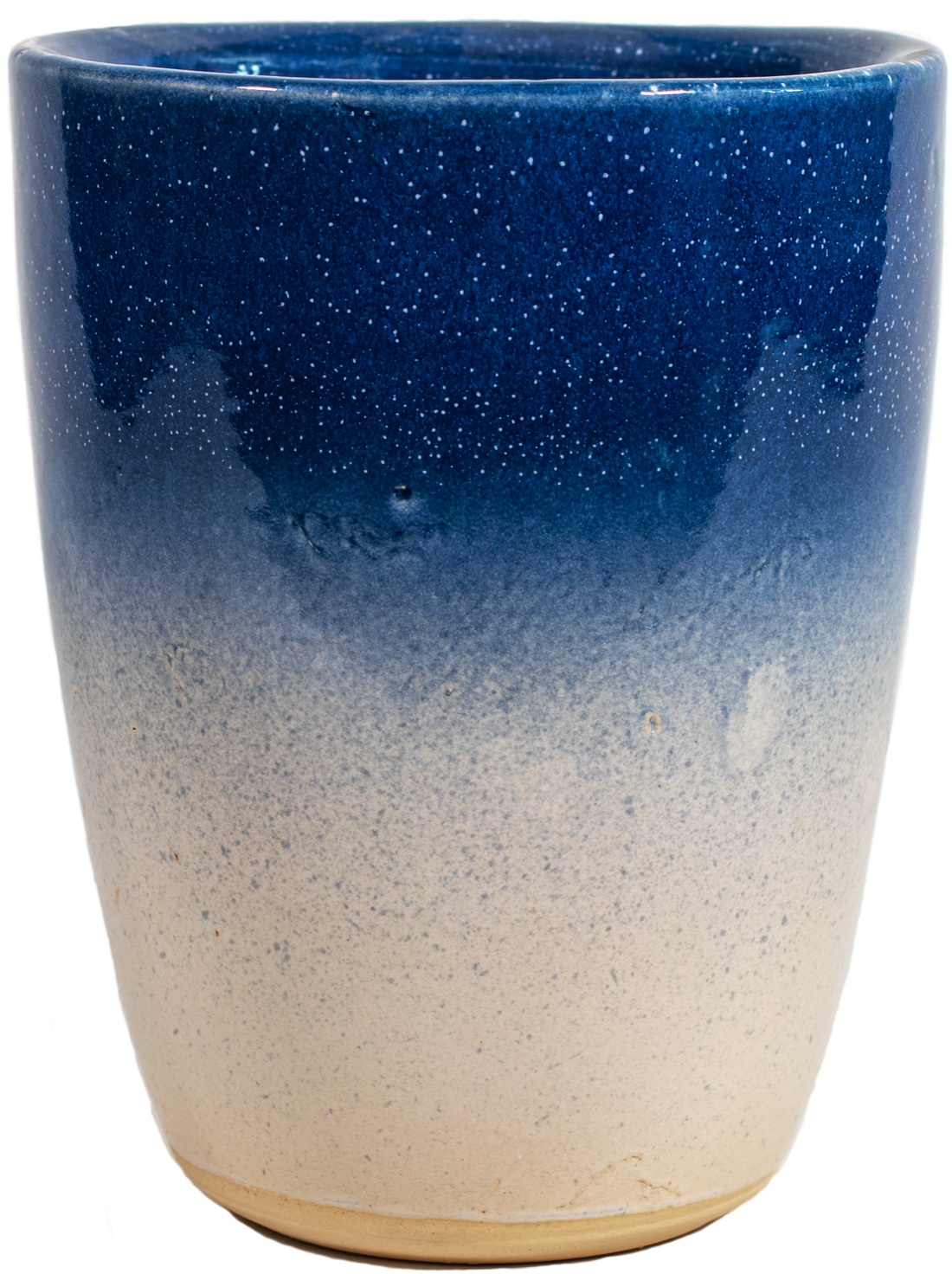 tall ceramic vase planter in blue and white speckled glaze