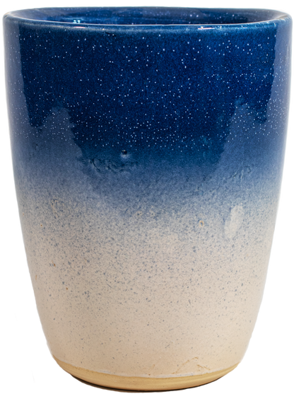 tall ceramic vase planter in blue and white speckled glaze