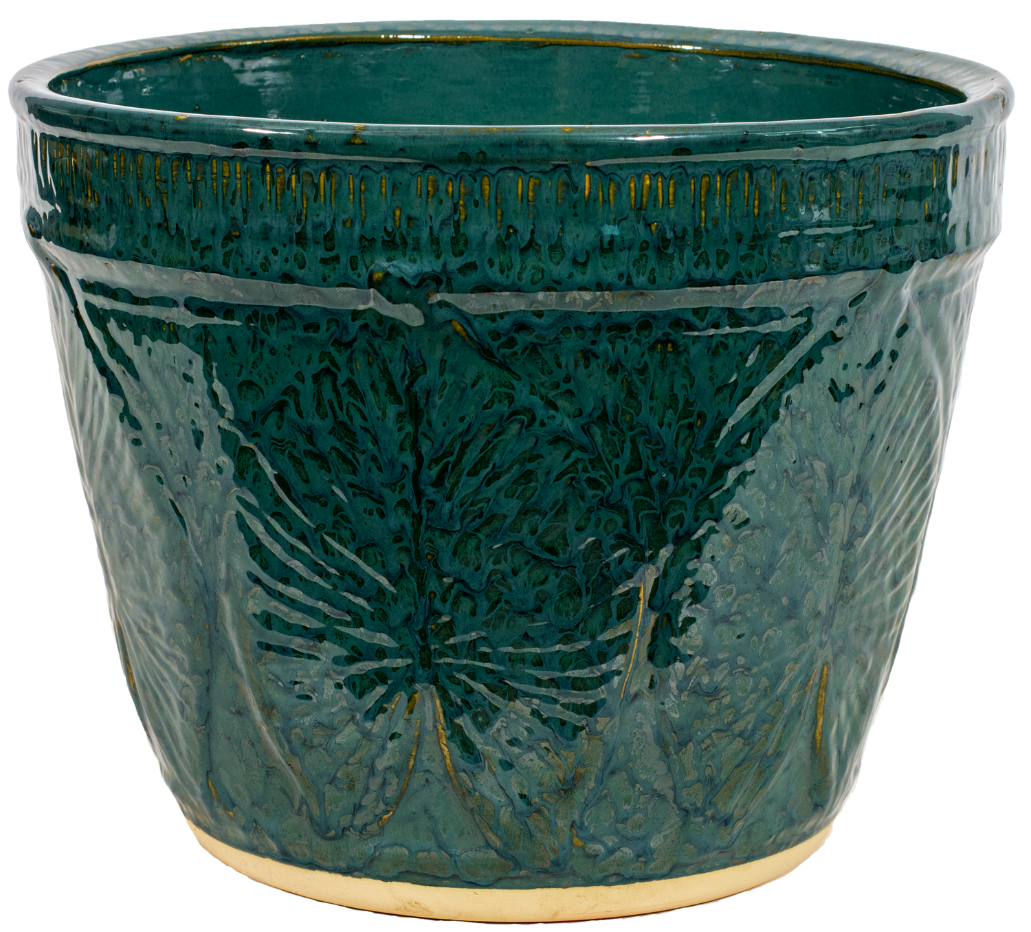Large outdoor patio planter in green glaze with leaf design