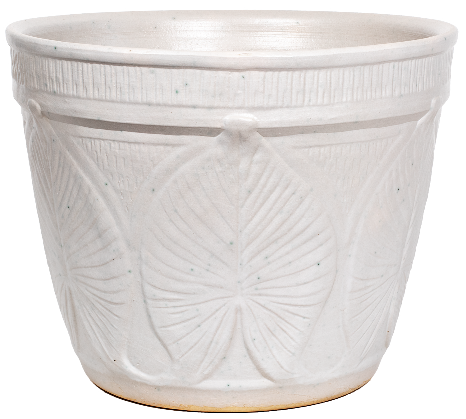 Large outdoor patio planter in white glaze with leaf design