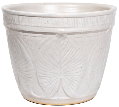 Large outdoor patio planter in white glaze with leaf design