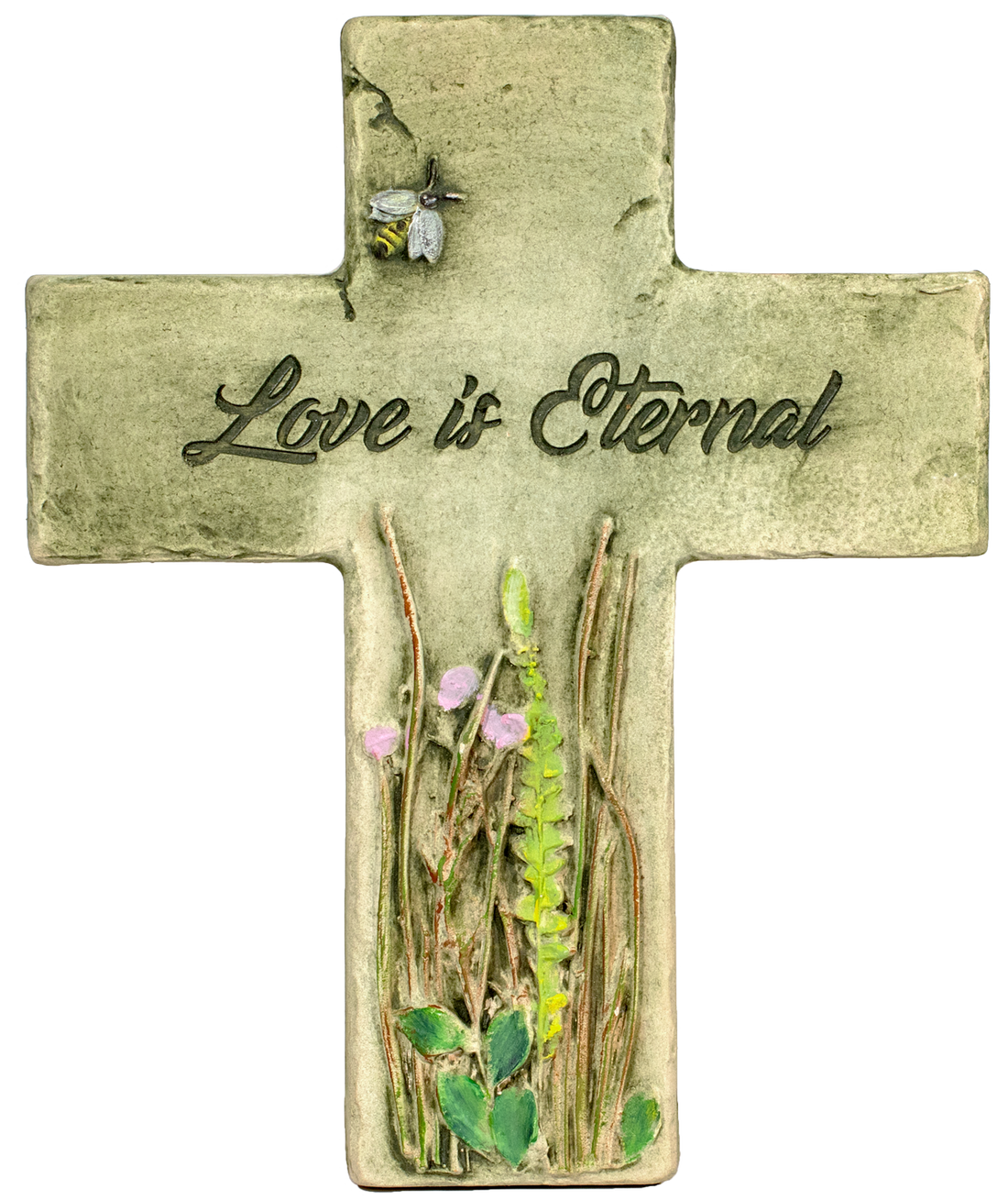 Ceramic hand painted cross plaque with bee and flower design for memorial