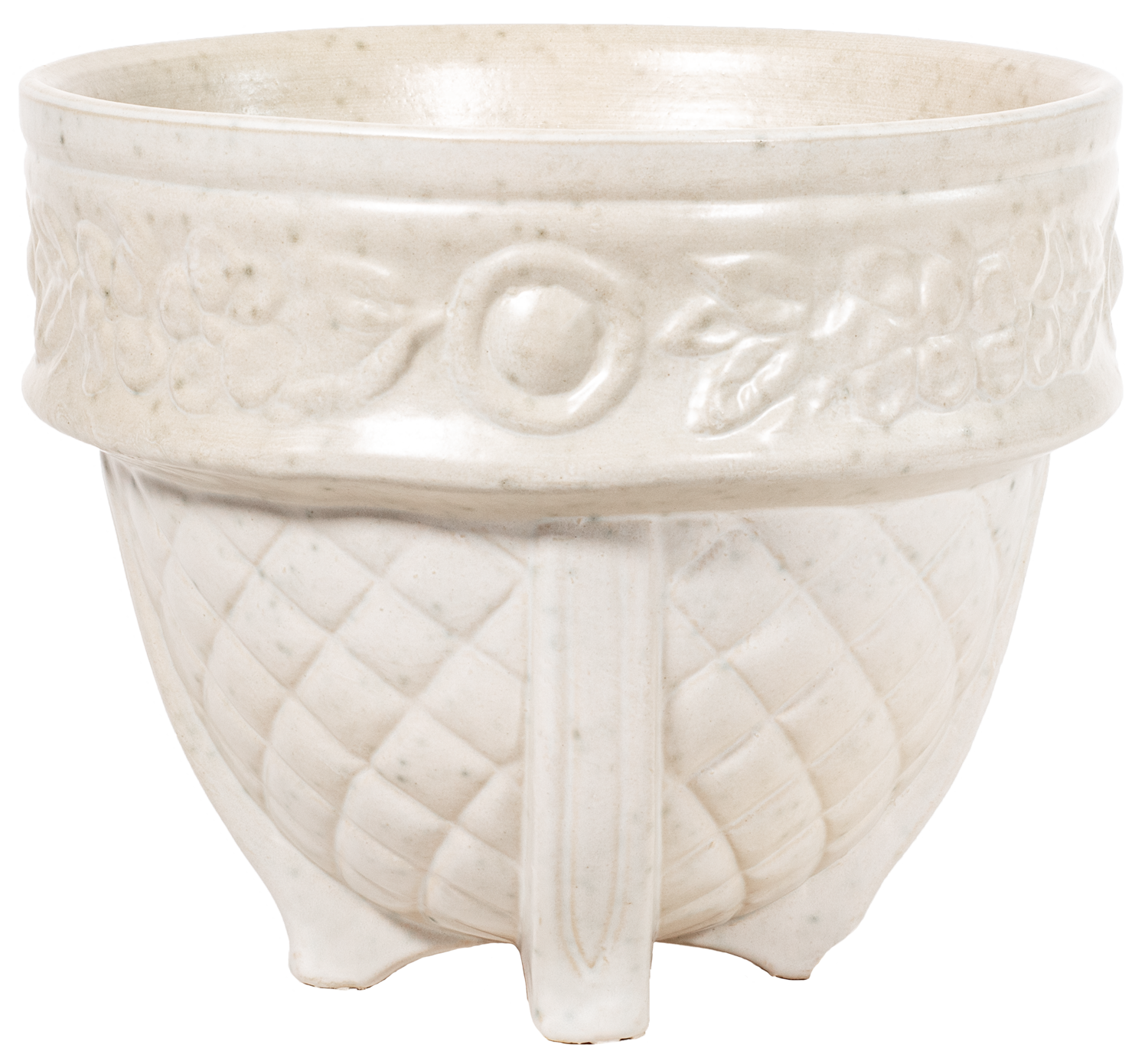 large ceramic white planter with quilted pattern and flower design