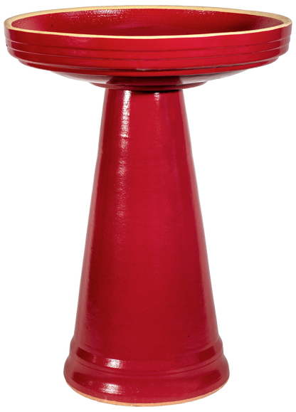 ceramic red birdbath with simple modern smooth design