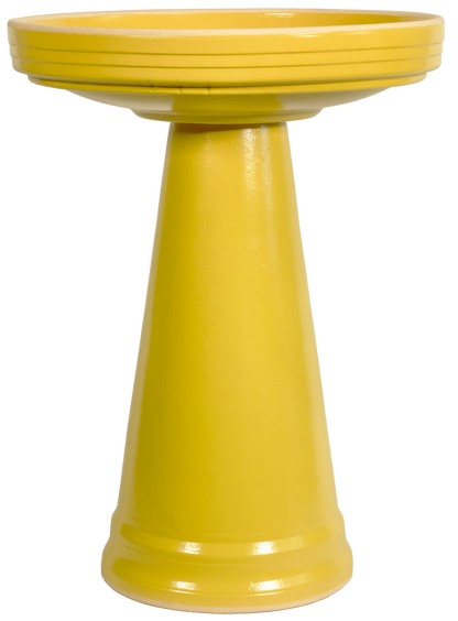 ceramic yellow birdbath with simple modern smooth design