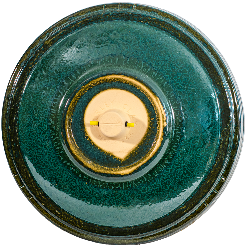 locking ceramic birdbath top in dark green glaze back side of top