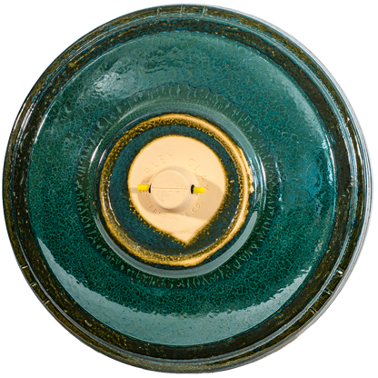 locking ceramic birdbath top in dark green glaze back side of top