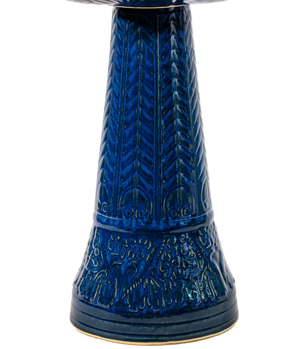 ceramic Blue birdbath pedestal with birds flowers and a chevron design