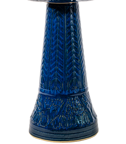 ceramic Blue birdbath pedestal with birds flowers and a chevron design