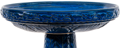 ceramic blue birdbath top with birds and flowers design