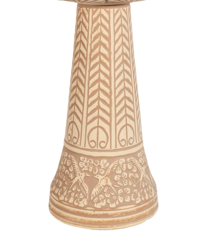 ceramic tan and brown birdbath pedestal with birds flowers and a chevron design