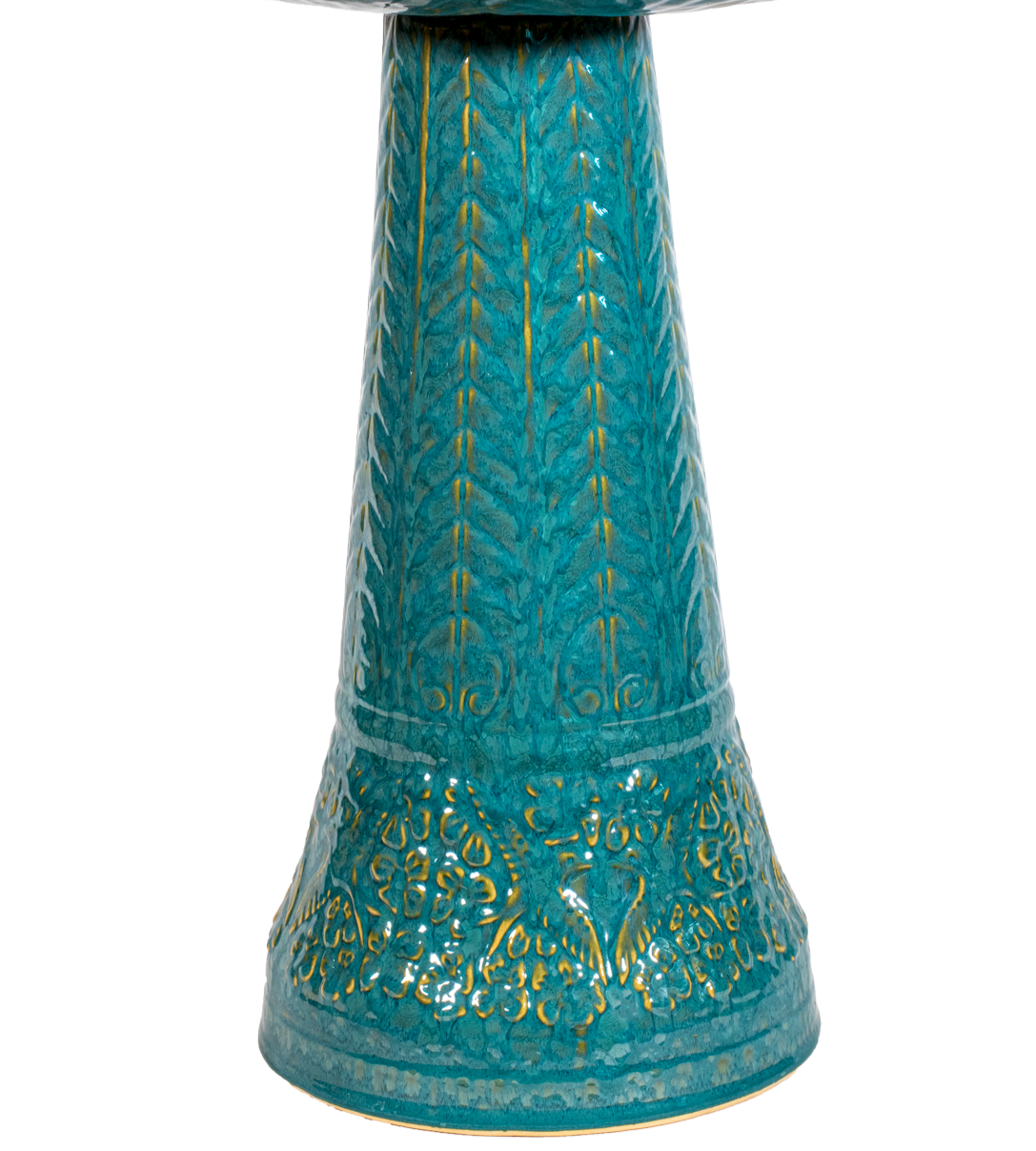 ceramic turquoise birdbath pedestal with birds flowers and a chevron design