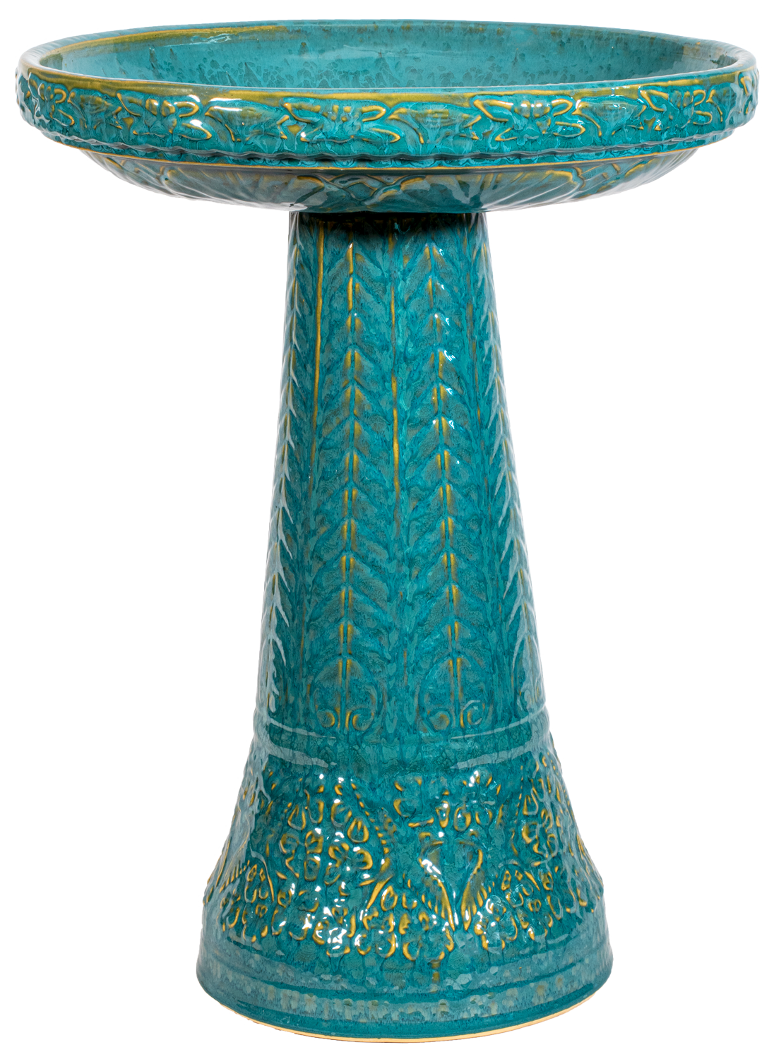 ceramic Turquoise birdbath set with birds flowers and a chevron design