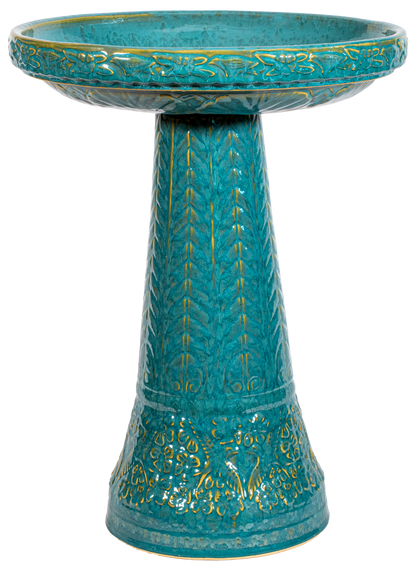 ceramic Turquoise birdbath set with birds flowers and a chevron design