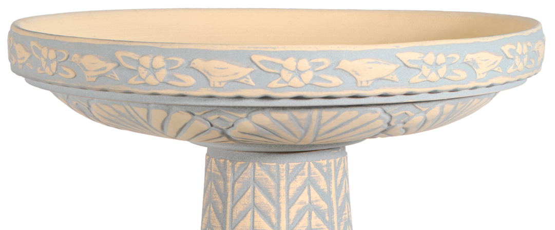 ceramic tan and light blue natural birdbath top with large leaf pattern and birds