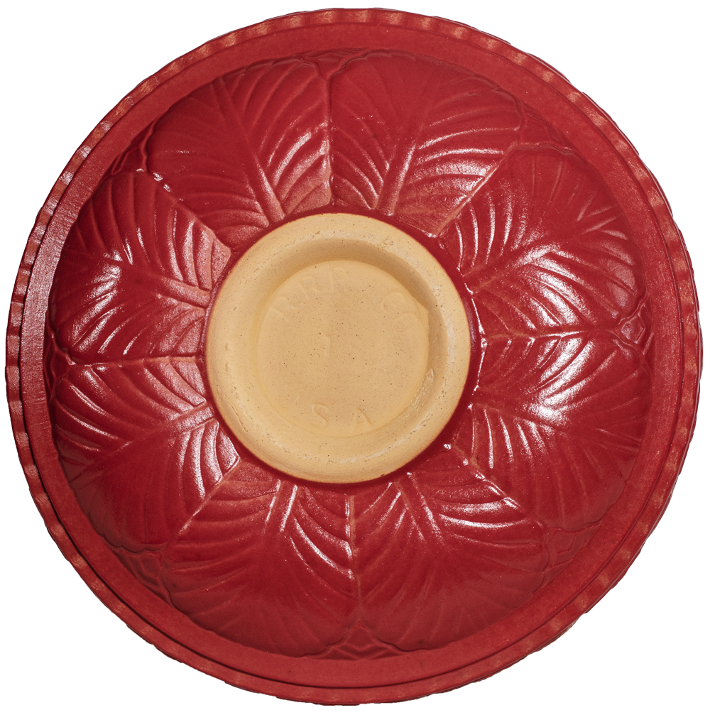 ceramic red birdbath top view from behind with large leaf pattern