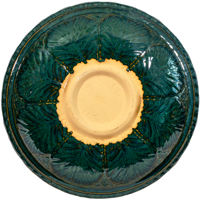 Ceramic green birdbath top with large leaf pattern view of back