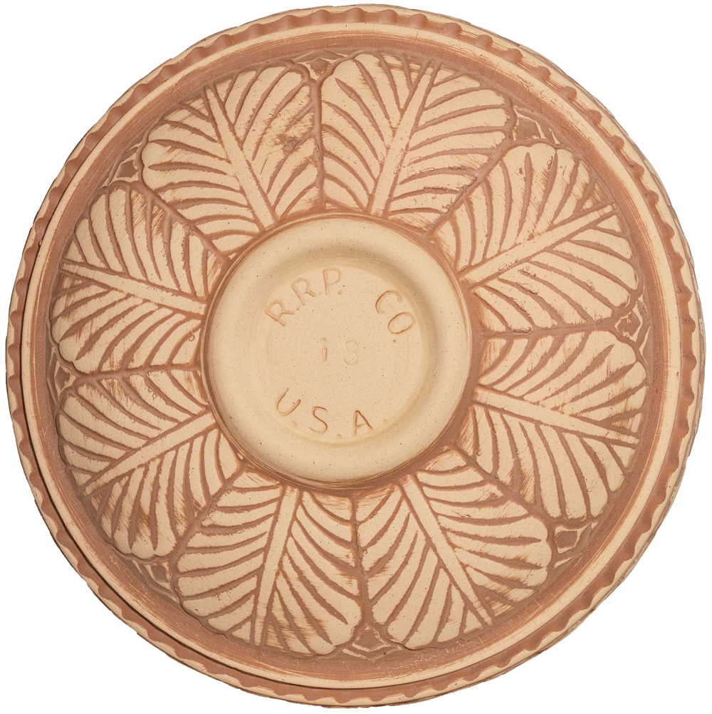 Ceramic clay brown birdbath top with large leaf pattern view of back