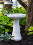 ceramic white birdbath set with birds flowers and a chevron design in a landscaped garden setting