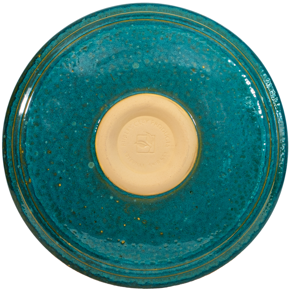 Ceramic turquoise birdbath top with modern clean smooth design view of back