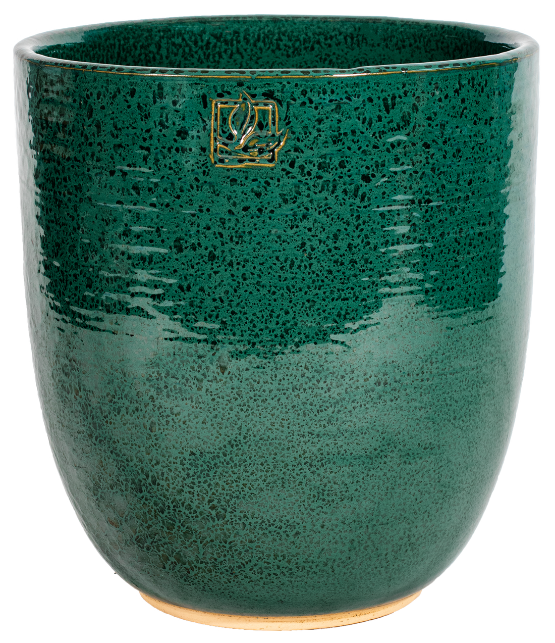 tall rounded green ceramic planter with a leaf stamp
