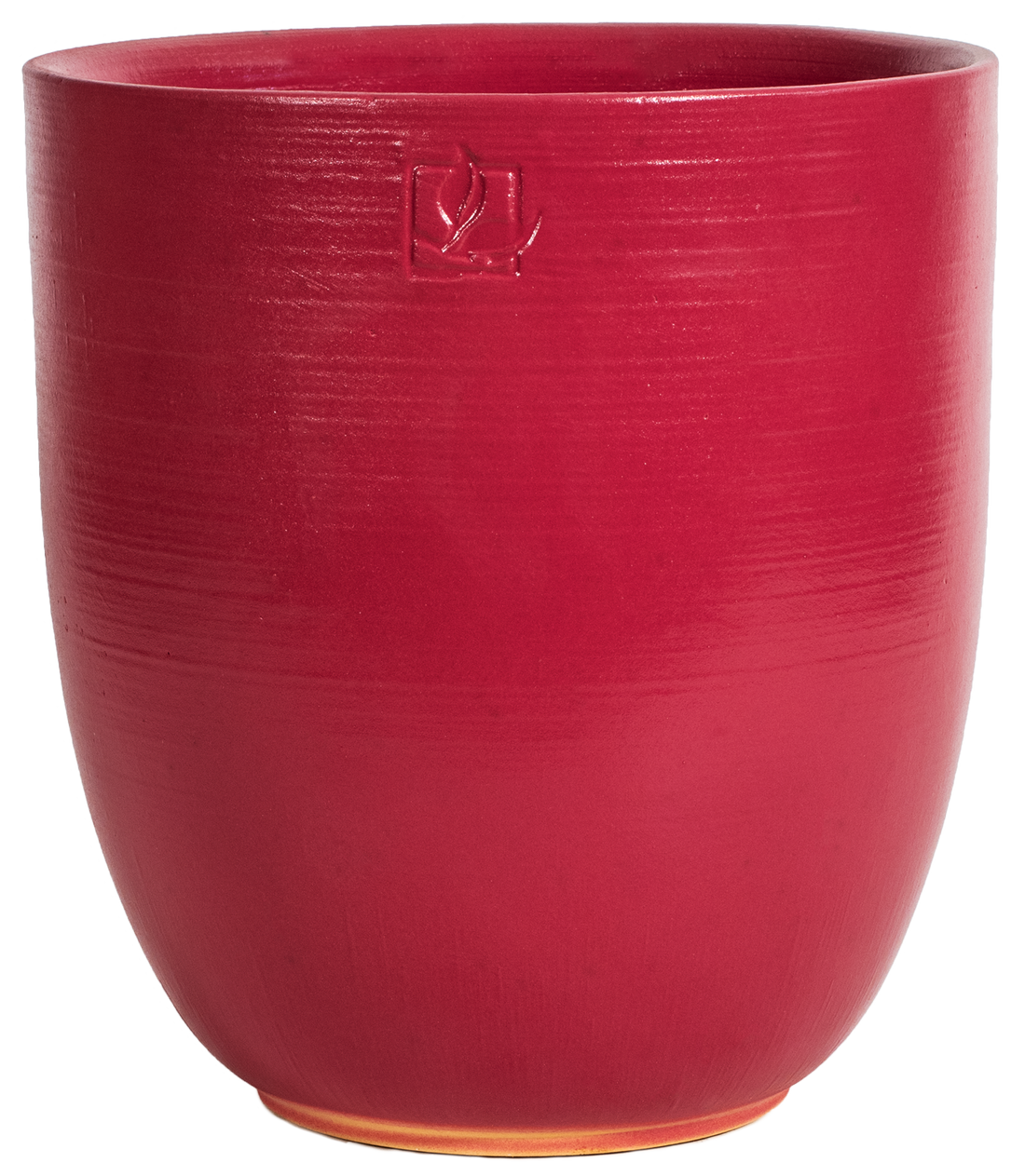 tall rounded red ceramic planter with a leaf stamp