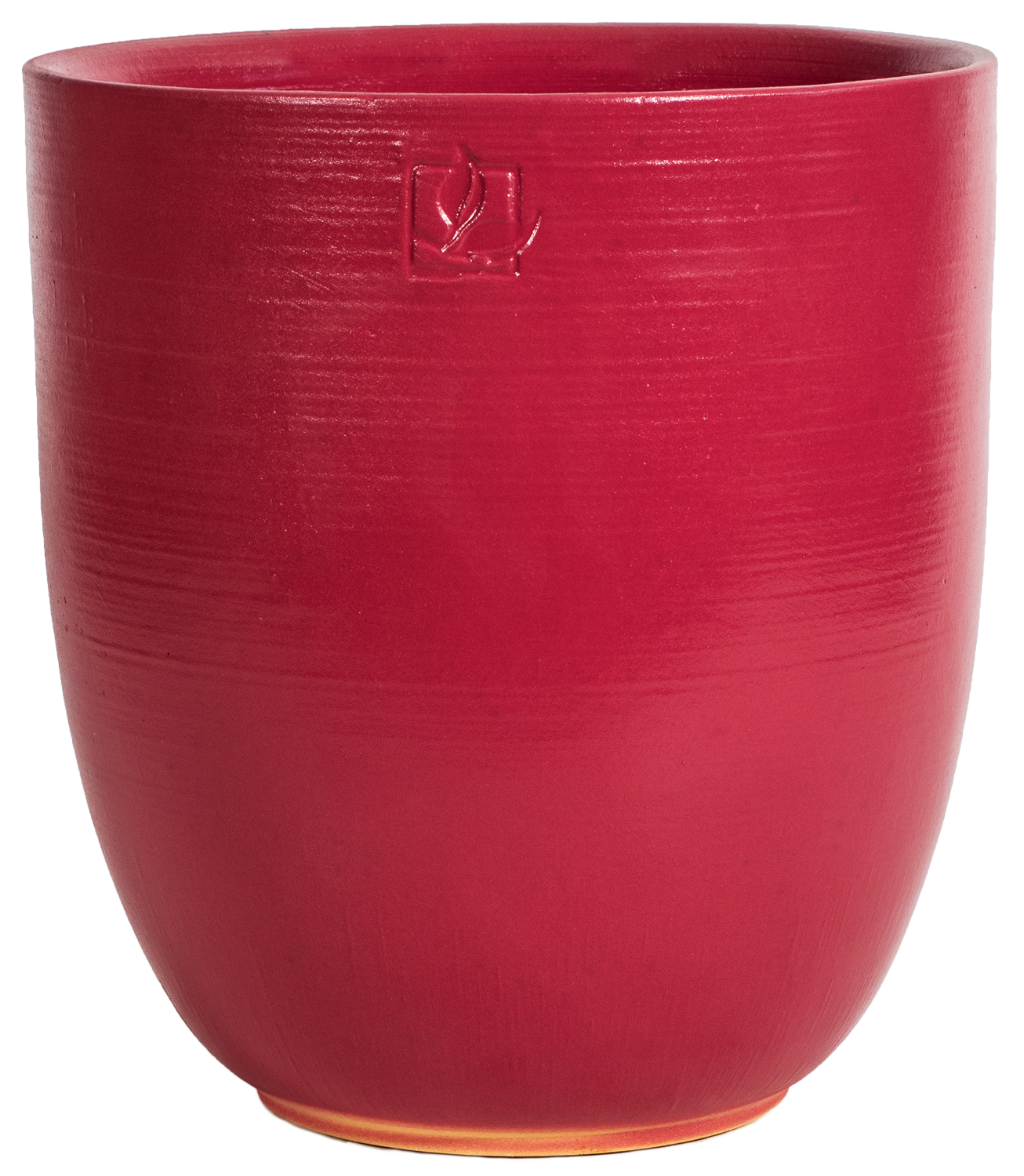 tall rounded red ceramic planter with a leaf stamp