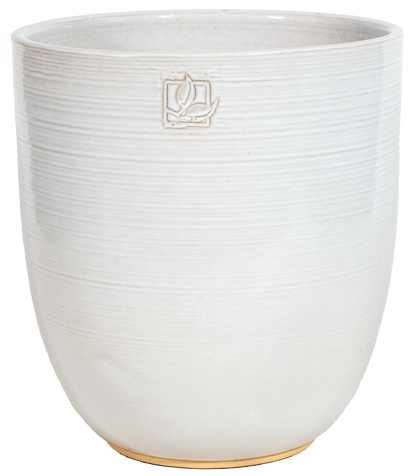 tall rounded white ceramic planter with a leaf stamp