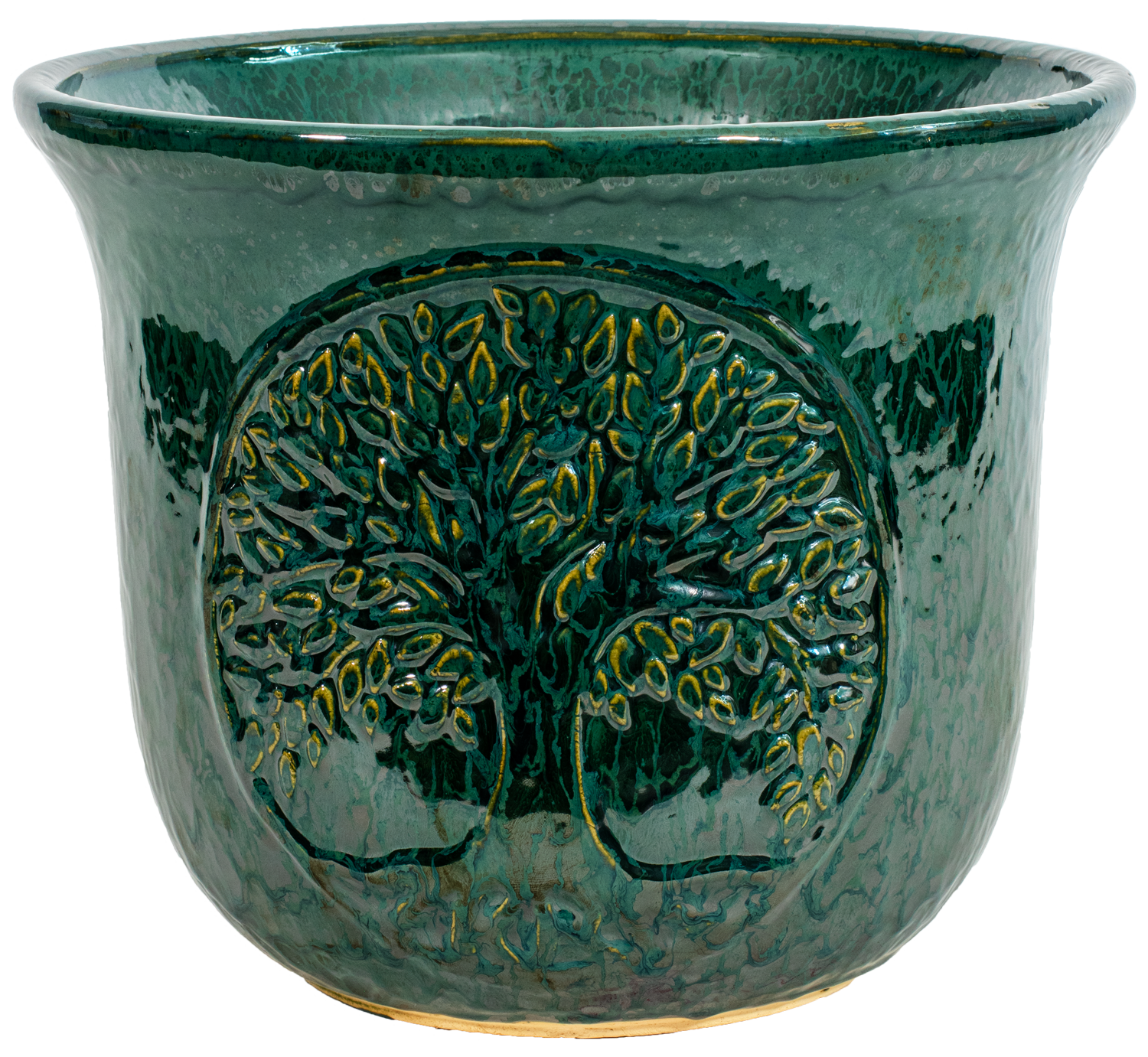 large green rounded ceramic planter with a Tree of Life Motif