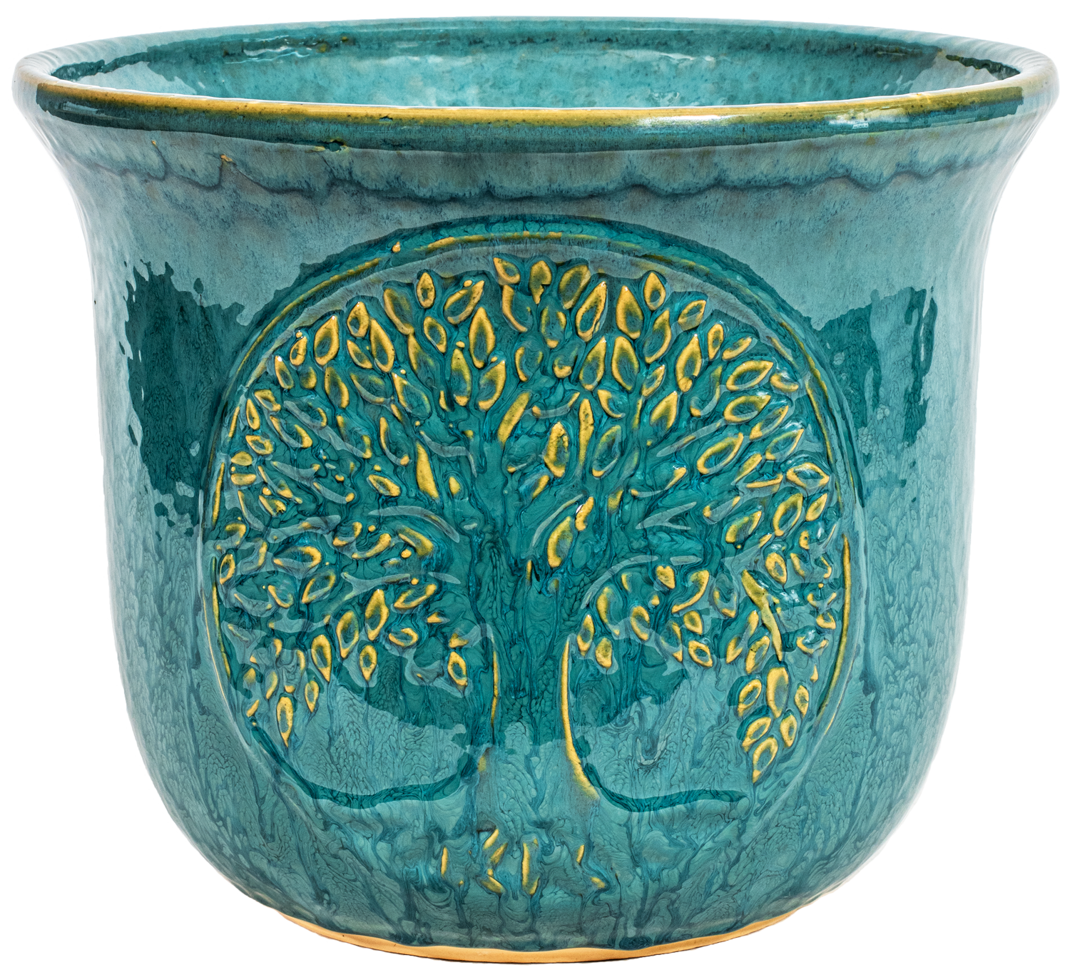 large turquoise rounded ceramic planter with a Tree of Life Motif