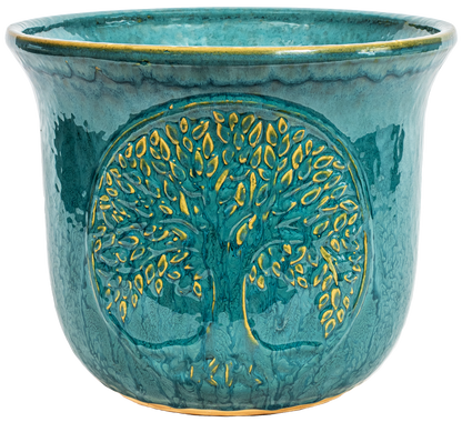 large turquoise rounded ceramic planter with a Tree of Life Motif