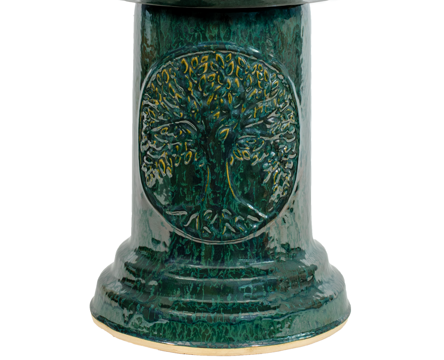 ceramic green birdbath pedestal with Tree of Life motif