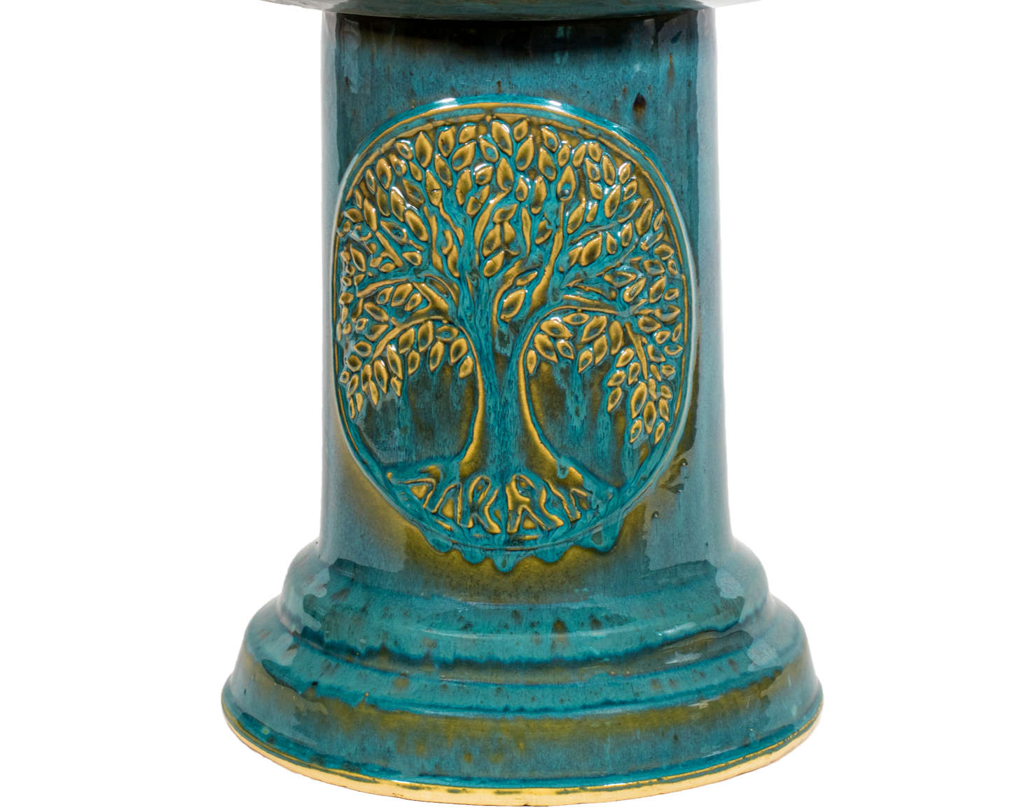 ceramic turquoise birdbath pedestal with Tree of Life Motif