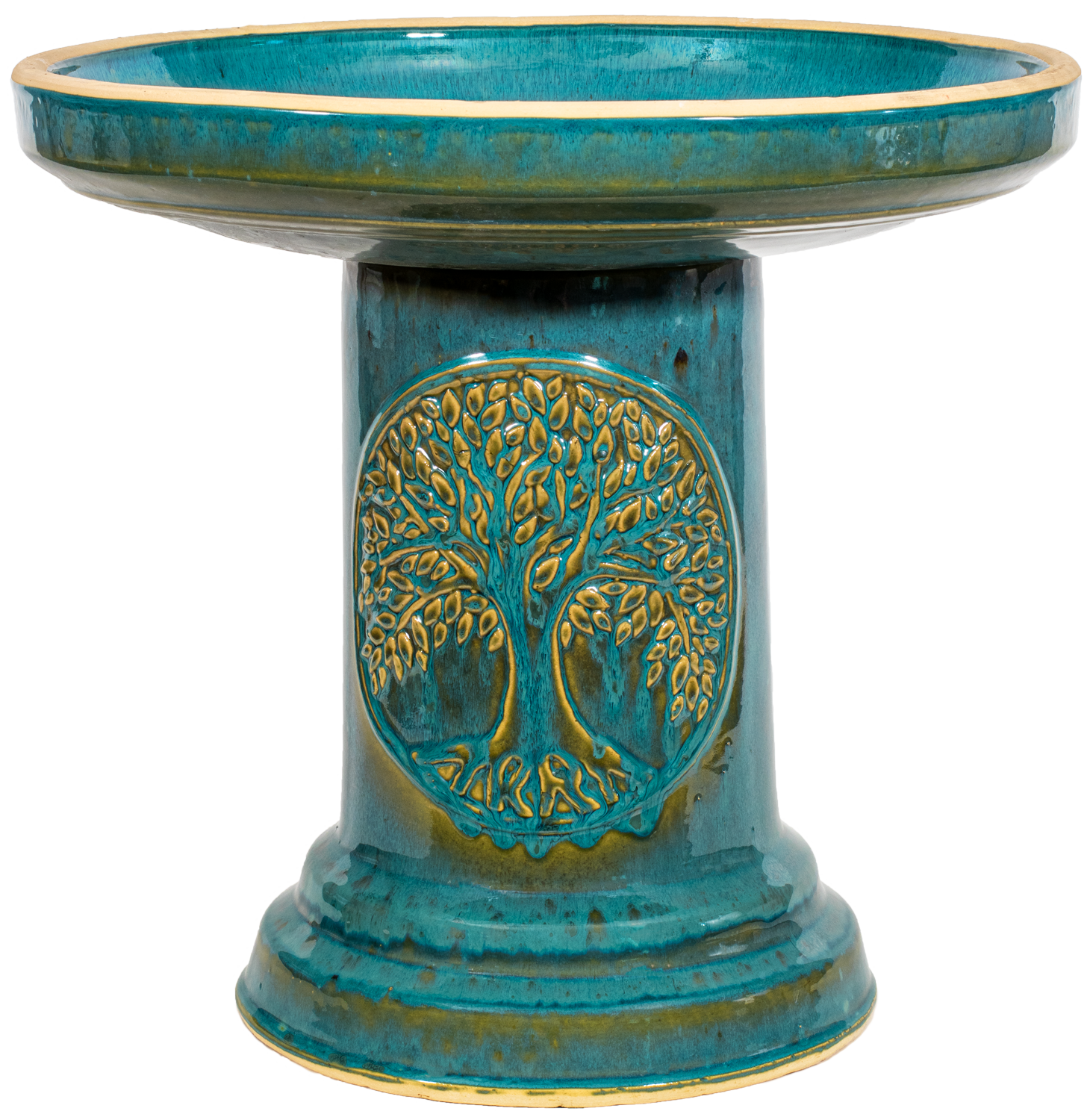 ceramic turqouise birdbath set with Tree of Life motif
