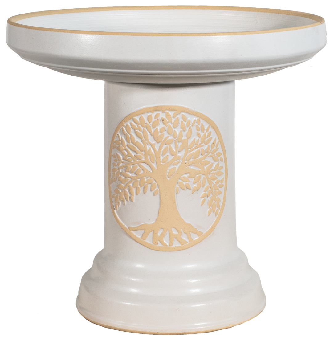 ceramic matte white birdbath set with Tree of Life motif  
