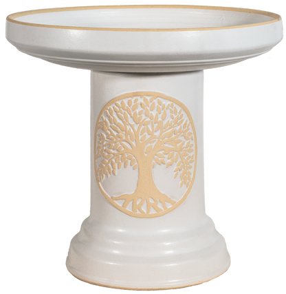 ceramic matte white birdbath set with Tree of Life motif  