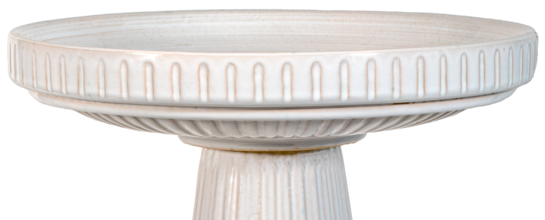 Ceramic white glazed birdbath top with stripes