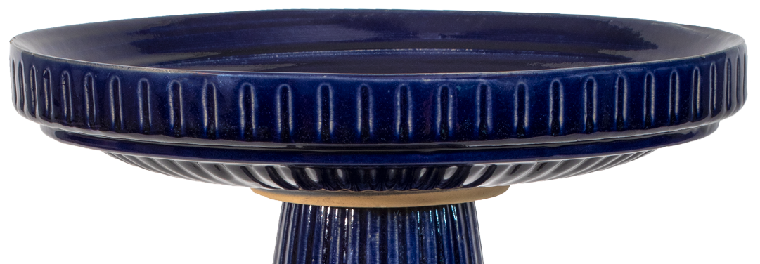 ceramic blue glazed birdbath with stripped design