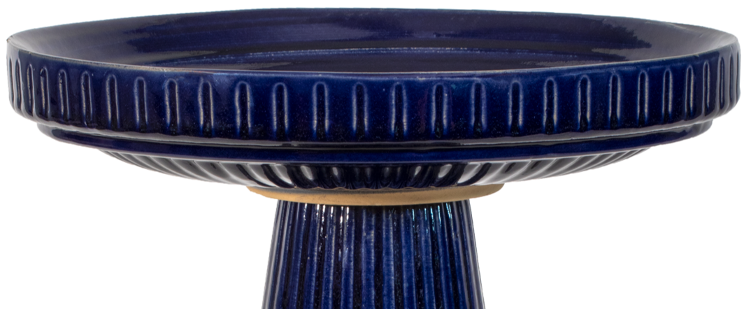 Ceramic dark Blue glazed birdbath top with stripes