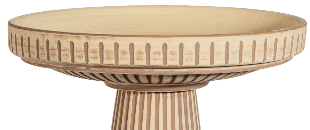 Ceramic brown stained clay natural birdbath top with stripes