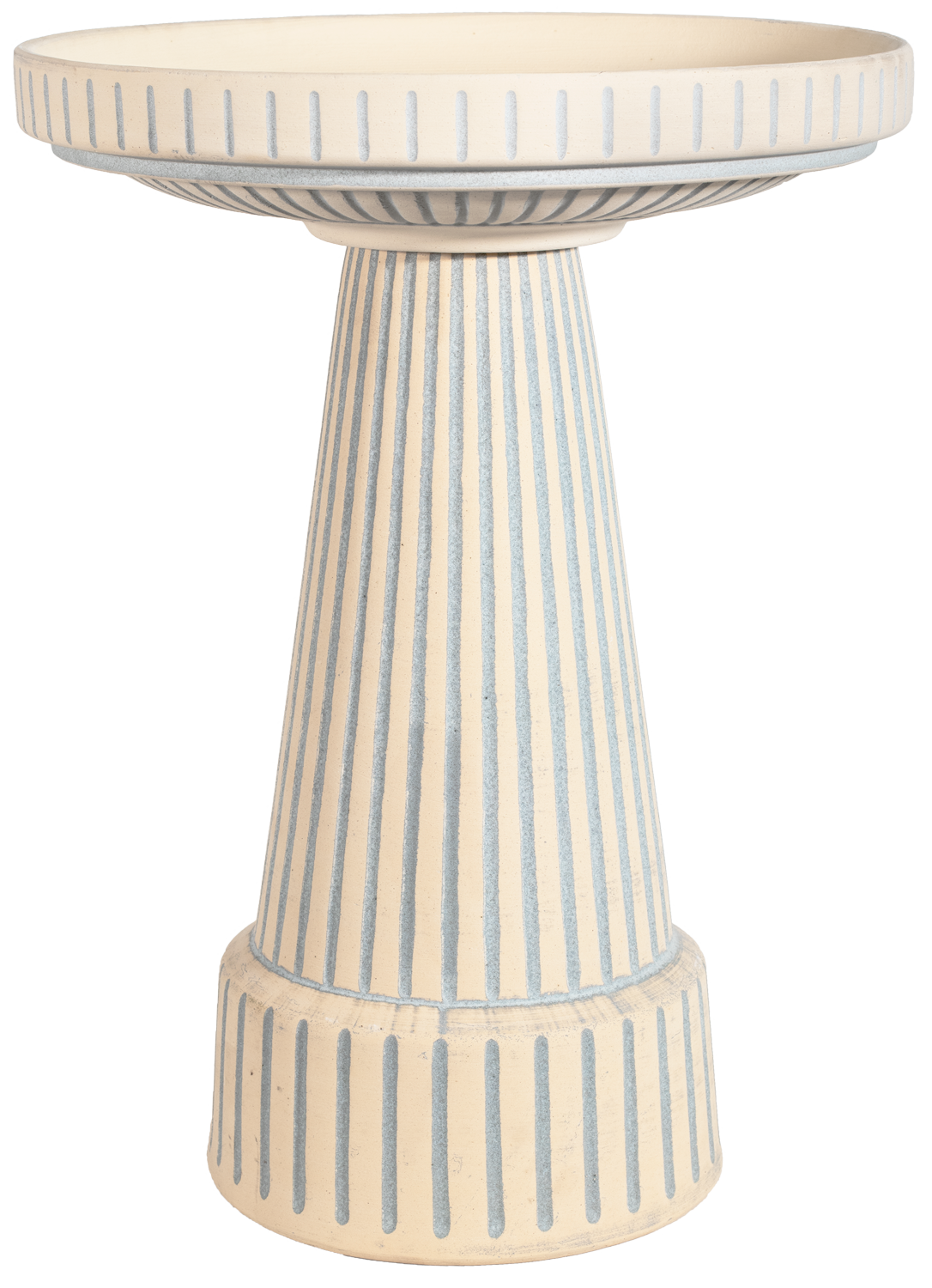 ceramic clay light blue stained birdbath with stripped design