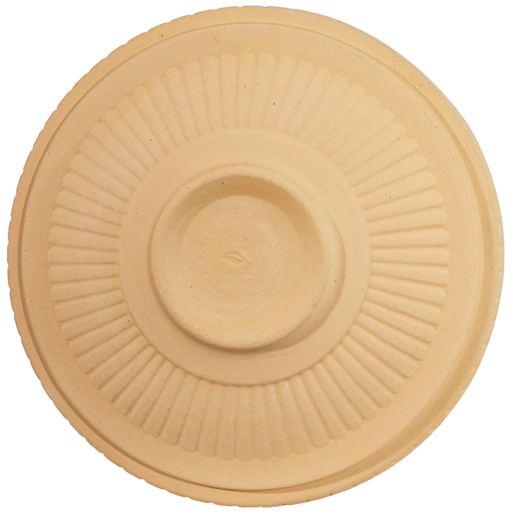 Ceramic plain clay natural birdbath top with stripes view of back