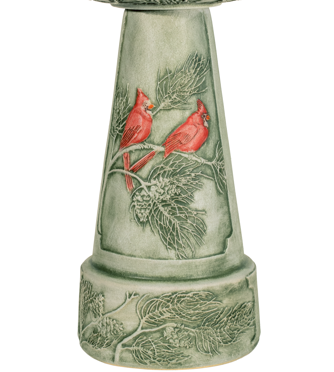 green aged birdbath pedestal with hand painted red cardinal birds and pine branches 