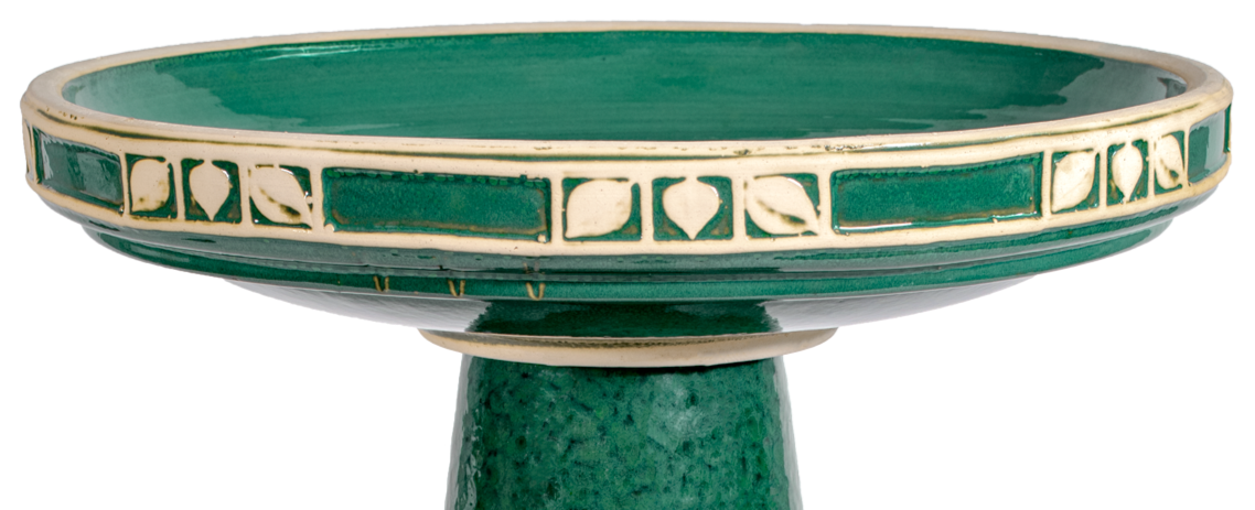Ceramic green locking birdbath top with tan leaf border design