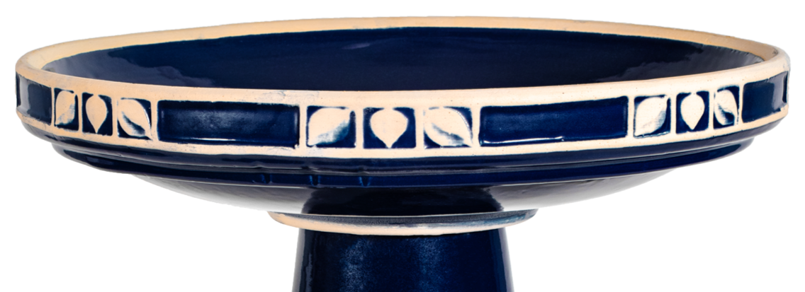 Ceramic blue birdbath top with tan leaf border design